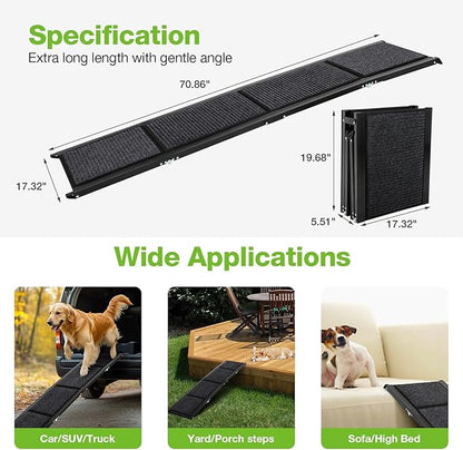 FAHKNS Dog Ramp for Car, 71" x 17" Extra Long Wide Folding Pet Ramp, Non-Slip Rug Surface, Aluminum, Black, Up to 300 LBS