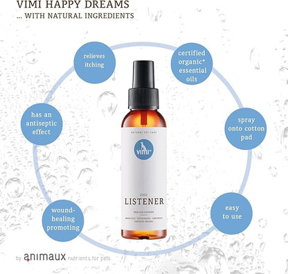 animaux vimi Ear Cleaner Good Listener - Ear Cleaner Spray for Sensitive Dog Ears - Ear Care with Camomile, Calendula & Witch Hazel - for Thorough & mild Cleaning - 3.38 Fl Oz