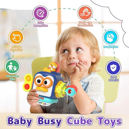 5 in 1 Baby Toy for 12 18 Month, Learning Toys for Babies 12-18 Months, Baby Busy Cube, Stacking&Sensory, Pull String&Piano Xylophone Toy, Birthday Gift for 12+ Month