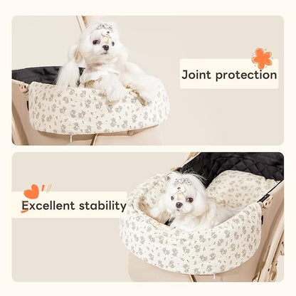 Dog Stroller Cushion & Mat, Pet Stroller Cushion for Dogs & Cats, 5-Level Waterproof & Removable Inner Core, Dog-Ergonomic 3-Zone Support, 4-inch Thickness (Flower Set)