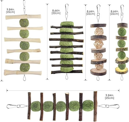 ERKOON Bunny Chew Toys, Rabbit Chew Toys for Teeth Grinding, Improve Dental Health, 100% Natural Apple Wood Timothy Grass Cake Treats for Rabbits Guinea Pigs Chinchillas Bunnies Hamsters (5 Pcs)