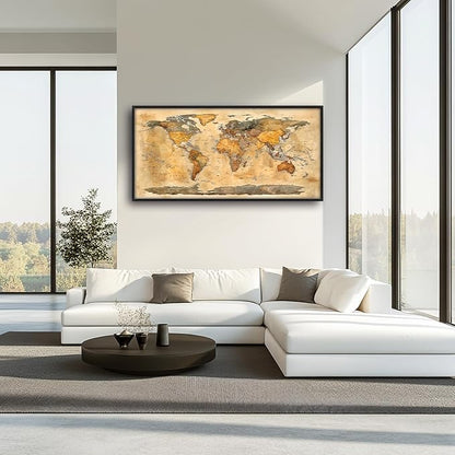 Extra Large World Map Framed Wall Art for Living Room,Oversized Vintage Map of The World Pictures Wall Decor,Canvas Print Painting Modern Artwork Bedroom Office Bathroom 60L" x 30W"