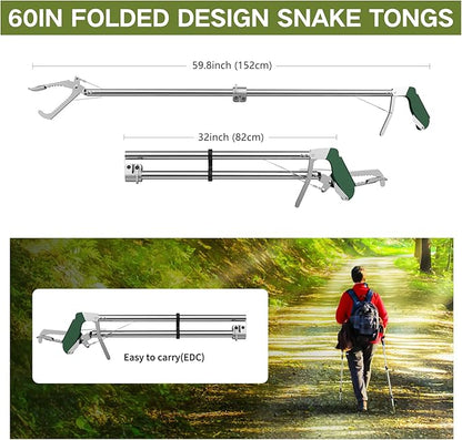 60“ Snake Tongs Collapsible Grabber, Professional Reptile Snake Catcher Wide Jaw Handling Tool, Stainless Steel Snake Hook