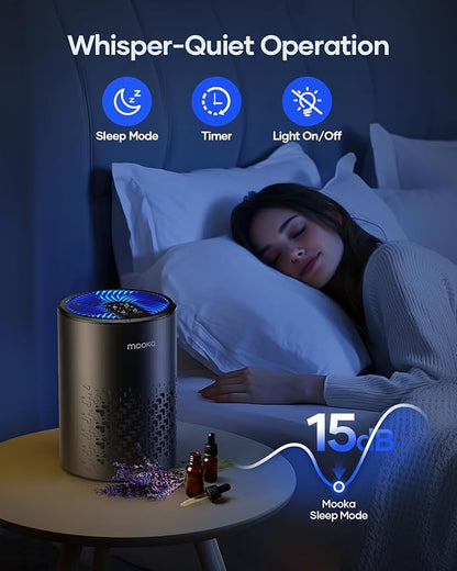 Air Purifiers for Bedroom Home, MOOKA HEPA Air Purifier for Home Pets with Fragrance Sponge for Smoke Dust Pollen Dander Odor, Small Air Purifier with Sleep Mode Night Light Timer, KJ067L, Black