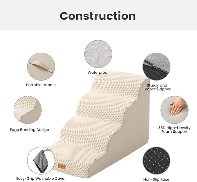Gardner Pet Dog Stairs for Small Dogs 19.7" H, 4-Step Beige Curved Pet Stairs, Dog Steps for High Bed (18-24 in), Couch with Durable Non-Slip Waterproof Fabric Cover and CertiPUR-US Certified Foam