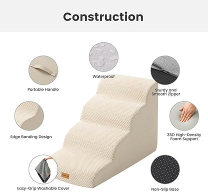 Gardner Pet Dog Stairs for Small Dogs 19.7" H, 4-Step Beige Curved Pet Stairs, Dog Steps for High Bed (18-24 in), Couch with Durable Non-Slip Waterproof Fabric Cover and CertiPUR-US Certified Foam