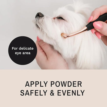 Eye Envy ProPowder Applicator Brush for Dogs and Cats. Use to safely and evenly apply Tear Stain Powder. Small. Washable superfine fiber hair. Long tapered bristles. Ergonomic handle