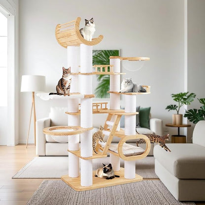 82.7'' Large Cat Tree, Modern Cat Tower with Scratching Post, Luxury Cat House, Wood Cat Tree for Indoor Cats Large Adult, Multi-Level Activity Center with Hammock, Clear Bowl, Semi-Closed Condo