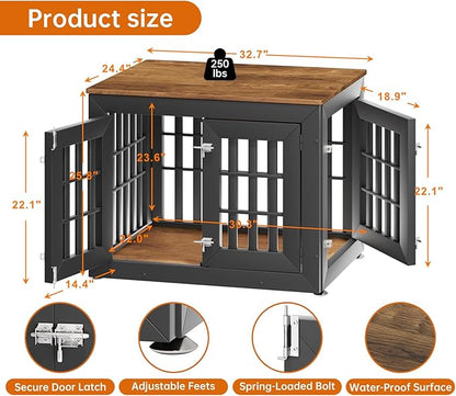 32" Heavy Duty Dog Crate Furniture for Small,Medium and Large Dogs,Rustic Wooden Dog Cage Kennel Indoor Furniture with Waterproof Top,Decorative Pet House Side End Table (Black & Wood)