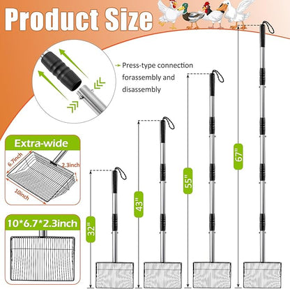 Esmorah 10 Inch Large Metal Chicken Poop Scooper for Sand & Coop Cleaning - Long Sifting Shovel with 24"-68" Adjustable Handle, 5 Lengths Heavy Duty Stainless Steel