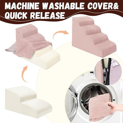 Dog Stairs for Small Dogs - High Density Foam Pet Steps, Extra Wide Dog Ramp with Non-Slip Bottom for High Beds, Couch and Sofa, Best for Dogs Injured, Older Doggy Cats,4 Stpes, Pink