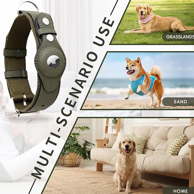 AirTag Dog Collar Soft Leather Webbing Dog Collar for AirTag Provides Double Protection for Small Medium and Large Dogs(Brown,M)