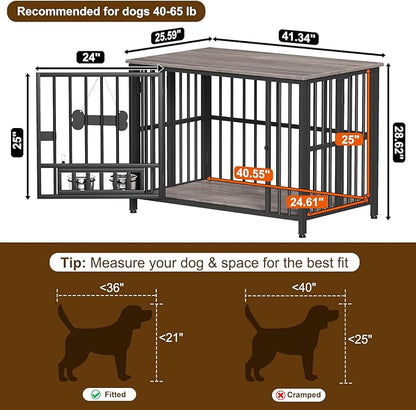 Easycom 41" Dog Crate Furniture Foldable, No Assembly Decorative Dog Kennel Indoor, Dog Crates for Large Dogs (40-65 lbs), Wooden Dog Cage with Adjustable Bowls and Name Tag, End Table, Oak Grey