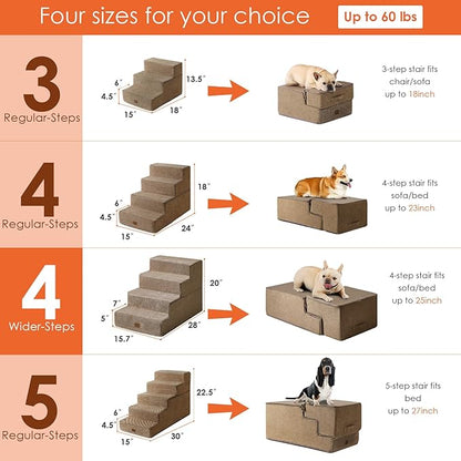 EHEYCIGA Dog Stairs for Bed 20" H, 4-Step Extra Wide Dog Steps for High Bed, Pet Steps for Small Dogs and Cats, Non-Slip Balanced Pet Ramp Indoor, Camel
