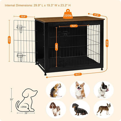 DWANTON Dog Crate Furniture with Cushion, Wooden Kennel Table with Double Doors, Indoor Dog House, Medium Size, 32.5" L, Black+Warm Brown