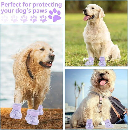 Dog Shoes, Dog Sandals for Hot Pavement, Non-Slip Waterproof Dog Booties for Winter Snowy Day and Summer, Adjustable Straps Easy-Clean Beach Outdoor Pet Boots Rugged Sole-4Pcs Purple