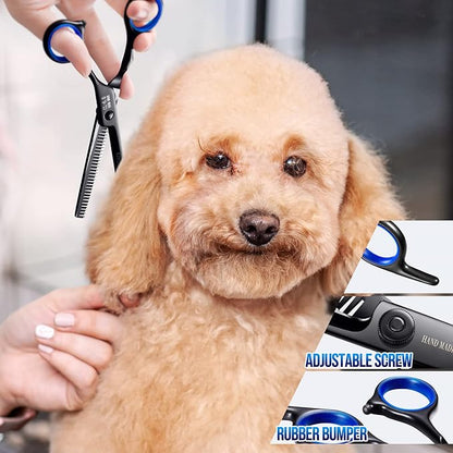 Gimars Dog Grooming Scissors Kit Professional 4CR with Safety Round Tip, 5 in 1 Heavy Duty Titanium Coated Thinning & Curved & Straight Shears