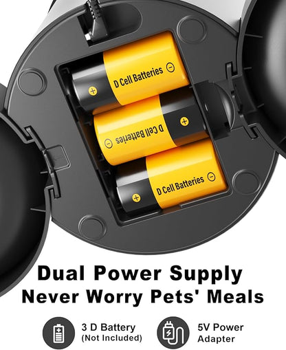 Dual Automatic Cat Feeder 2 Cats,6 Meals/Day,12 Portions/Meal,4.2L Dual Power Double Bowls Feeder,Dry Food Auto Pet Dispenser,10S Voice Record,Flexible Schedule Timer (Black,Stainless Dual Bowls)