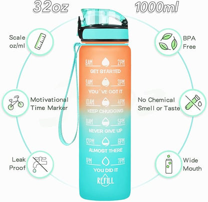 Enerbone Water Bottle, Leakproof BPA & Toxic Free, Motivational Water Bottle with Times to Drink and Straw, Fitness Sports Water Bottle with Strap for Office, Gym, Outdoor Sports