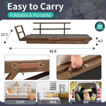 Dog Ramp, 5 Level Adjustable Height Folding Pet Ramp for High Bed, Portable Paw Ramps Large Bed Ramp for Medium & Large Old Dogs & Cats - Natural Wood Furniture Quality