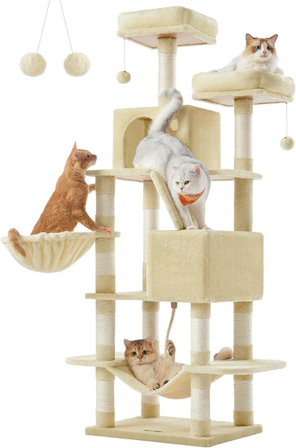 Feandrea Cat Tree, 66.1-Inch Large Cat Tower with 13 Scratching Posts, 2 Perches, 2 Caves, Basket, Hammock, Pompoms, Multi-Level Plush Cat Condo for Indoor Cats, Beige UPCT165M01