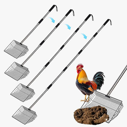10inch Large Metal Chicken Poop Scooper,32 to 67" Adjustable Long Chicken Coop Litter Scoop,Heavy Duty Sifting Shovel for Chicken Coop & Pet Waste Cleaning
