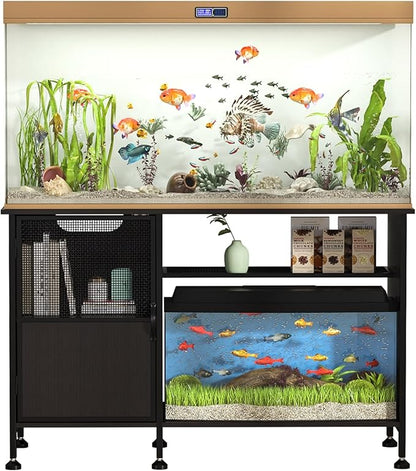 Fish Tank Stand, Modern Aquarium Stand with Built-in Cabinet and Shelves - Sleek Black Iron and Wood Grain Design for Stylish Home Décor（ 51.97" x W 19.69" x H 31.5"） Black