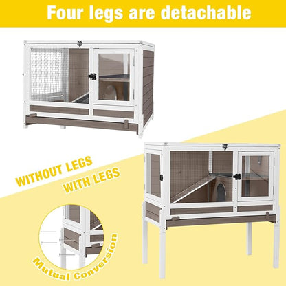 Aivituvin 2-Story Rabbit Hutch with Anti-Chew Ramp & Zinc Sheet - 36.6" Indoor Guinea Pig Cage, Wooden Stand, Pull-Out Tray & Leakproof Floor (Brown)