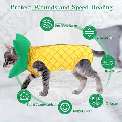 EMUST 2PCS Cat Recovery Suit & Cat Cone Collar Female, Soft & Adjustable Dog Surgery Suit Female Spay for Abdominal Wounds, Cotton Cone for Cats to Stop Licking for Small Female Pets 8-16lb, Yellow, L