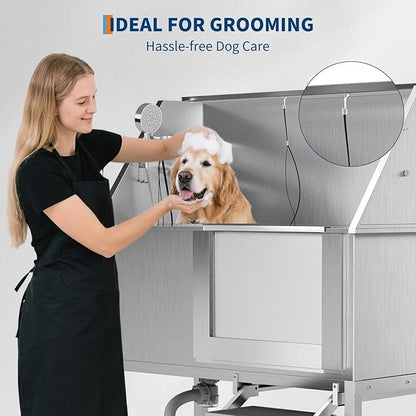 50" Stainless Steel Professional Dog Washing Station - Pet Bathing Tub w/Non-Slip Stairs | Slip-Resistant Floor Grate | for Large/Medium/Small Dogs