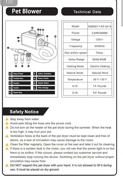 2400w 75m/s Dog Dryer for Pet Grooming, High Velocity Pet Hair Dryer with Heater, Adjustable Speed, 4 Nozzles and a Comb, Black