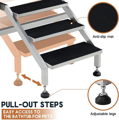Albott 60 Inch Stainless Steel Dog Washing Station with Anti-Slip Steps, Sprayer, Faucet, Soap Box, Tow Rope – Professional Pet Bathtub for Large Pets, Ideal for Home, Garage, and Grooming(Left)