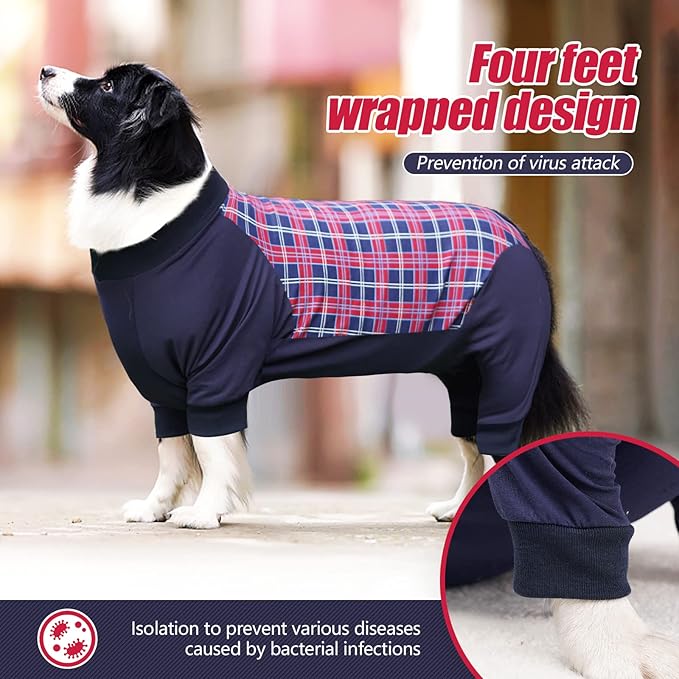 Dog Recovery Suit, Abdominal Wound After Surgery Wear, Anti Licking Bodysuit with Zipper, E-Collar & Cone Alternatives, Plaid Dog Spay Surgical Onesie Prevent Shedding(2XL, Red)