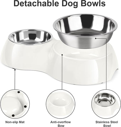 Elevated Dog Bowls Set - Non-Slip Raised Pet Feeder with Medium (10 oz) & Large (20 oz) Stainless Steel Bowls - Includes Durable Resin Stand for Puppies, Adult Dogs & Cats - White