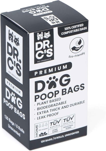 100% Certified Compostable Dog Poop Bags - Dr. C's Premium Dog Poop Bags - 120 Bags / 8 Rolls, Extra thick, Leak Proof, Unscented, Plant Based and Earth Friendly