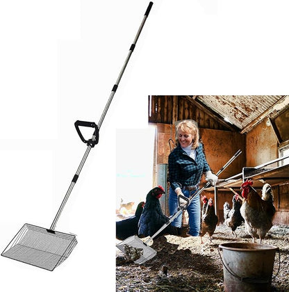 15 Inch Large Chicken coop Scoop with Ergonomic Grip Adjustable Long Handle (24-64") Chicken Poop Scooper Sifting Shovel rake Stainless Steel Metal coop Scoop (L/15 INCH)