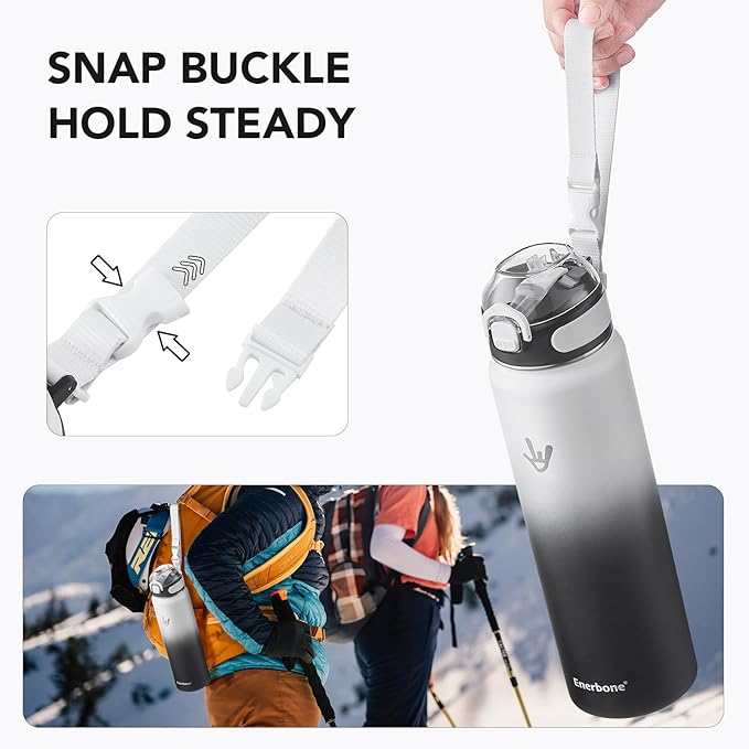Enerbone 32 oz Insulated Water Bottle, Stainless Steel Bottle with Carrying Strap, Double-Wall Vacuum Insulation Design, Leakproof Sports Bottle with Straw, Keep Drinks Cold or Hot for Hours