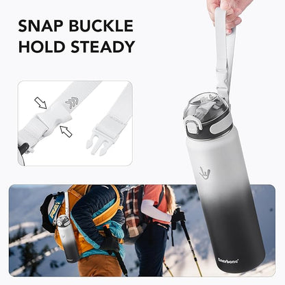 Enerbone 32 oz Insulated Water Bottle, Stainless Steel Bottle with Carrying Strap, Double-Wall Vacuum Insulation Design, Leakproof Sports Bottle with Straw, Keep Drinks Cold or Hot for Hours