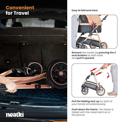 3 in 1 Pet Stroller - Stroller for Small to Medium Dogs and Cats up to 55 lbs, with Detachable Carrier/Car Seat, Foldable and Lightweight, Detachable Cushion + Cup Holder (Black/Gold)