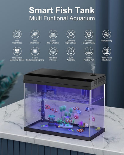 Fish Tank Aquarium Kit, 2.38 Gallon Beta Fish Aquariums, UHD Glass,Temperature Sensing, 7-Color Lighting Small Fish Tank for Kids/Desktop Decor