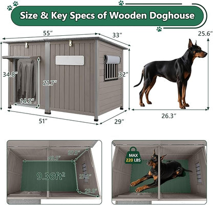 55" Extra Large Outdoor Dog House Weatherproof Wooden Doghouse Indoor for Large Breed Dogs with Anti Bite Frames with Window,10 Elevated Feet, Reinforced Bottom for Pet Up to 220LBS