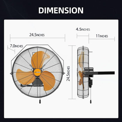 20 Inch Industrial Wall Mount Fan, 4850 CFM High Velocity Metal Wall Fan, 3 Speed, Adjustable Tilt, Commercial Use for Garage, Gym, Covered Patio, Workshop, Greenhouse - UL Listed