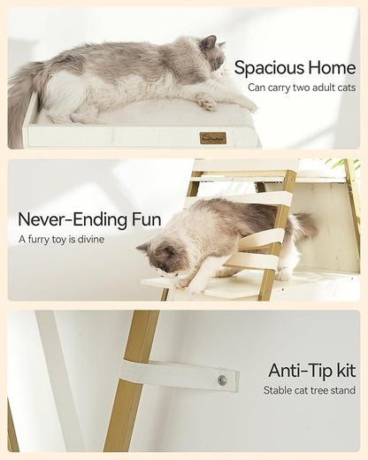 FourFurPets 72.4" Cat Tree, Modern Cat Tower for Indoor Cats, Multi-Level Cat Condo with Caves, Tall Cat Tree with Cat Scratching Board, Wooden Cat Tower with Large Perch, Removable Pads, White
