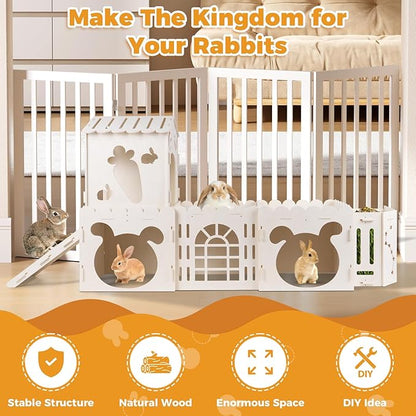 Extra Large Rabbit House, Wooden Bunny House Hideout with 4 Houses and Hay Feeder Indoor, Rabbit Guinea Pig Hideout Multistory Climbing Tower Sturdy Wooden Castle, Small Animal Hideaway Tunnel