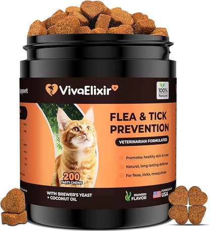 Flea & Tick Treatment for Cats – Natural Flea, Tick & Mosquito Prevention with Brewer’s Yeast, Coconut Oil – Skin & Coat Health, Immune Support – Vet Formulated 200 Chews
