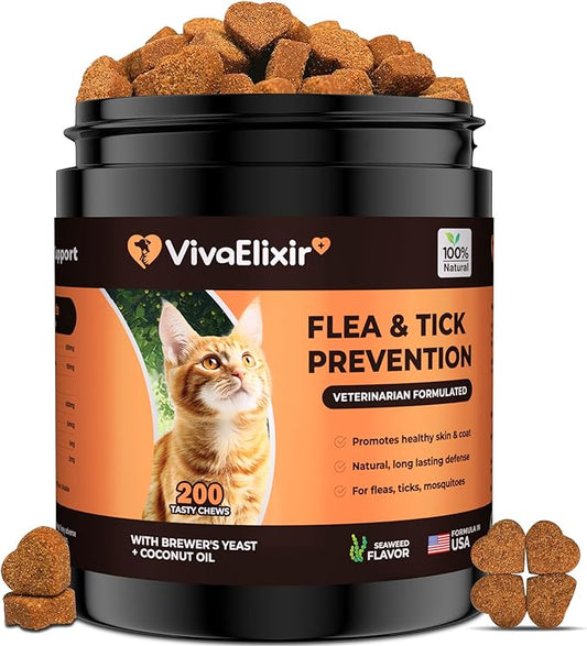 Flea & Tick Treatment for Cats – Natural Flea, Tick & Mosquito Prevention with Brewer’s Yeast, Coconut Oil – Skin & Coat Health, Immune Support – Vet Formulated 200 Chews