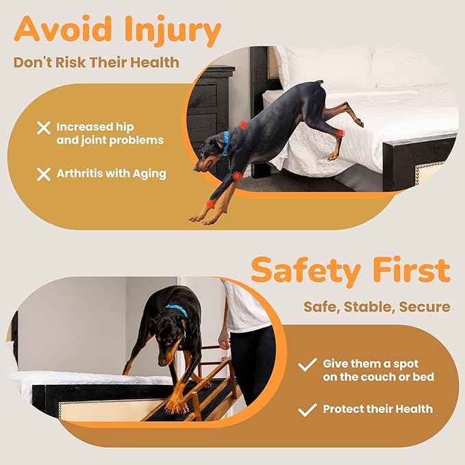 Dog Ramp for Bed, 5 Level Adjustable Dog Ramp for High Beds, Upgrade Rubber Mat High Traction Ramp with Safety Rails, Folding Pet Ramp for Bed, Couch,SUV, Natural Wood Pet Ramp for Small & Old Dogs