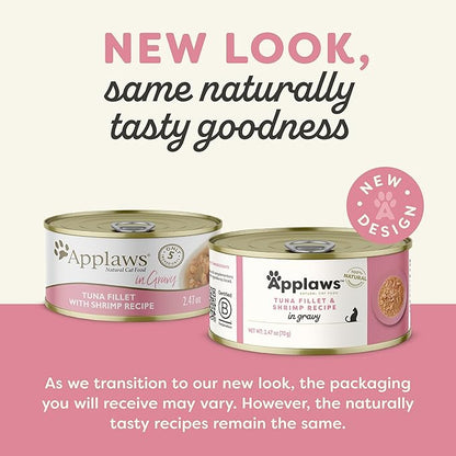 Applaws Natural Wet Cat Food in Gravy, Limited Ingredient Canned Wet Cat Food, No Additives, Made with Natural Ingredients, Tuna Fillet & Shrimp in Gravy (24 x 2.47oz Cans)