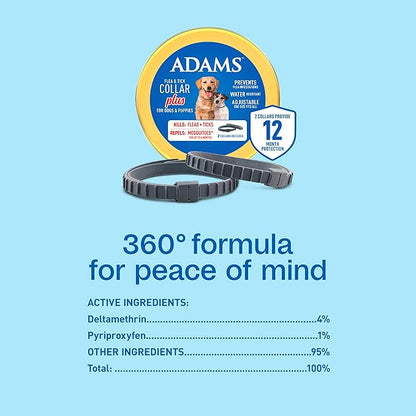 Adams Flea & Tick Collar Plus for Dogs & Puppies |2 Pack |12-Month Protection |One Size Fits All Dogs & Puppies 12 Weeks and Older |Kills Fleas and Ticks |Repels Mosquitoes (excluding California)