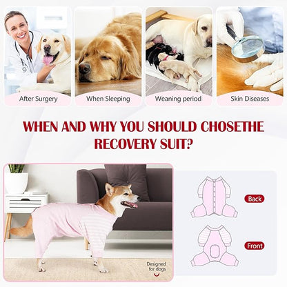 Dog Recovery Suit, Abdominal Wound After Surgery Wear, Anti Licking Bodysuit with Snaps, E-Collar & Cone Alternatives, Striped Dog Spay Surgical Pajamas Prevent Shedding(Small, Pink)